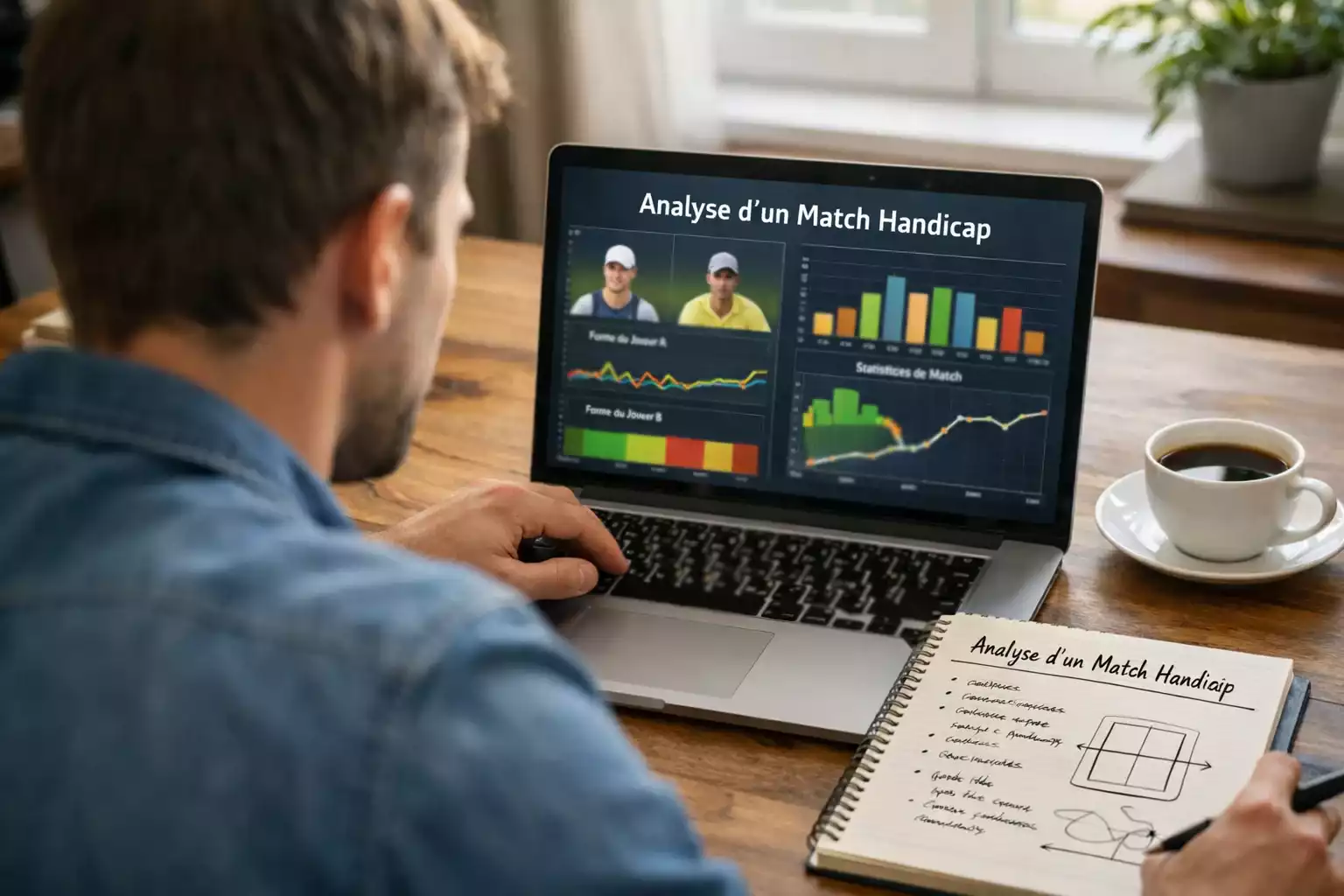 Personne analysant des statistiques de tennis sur ordinateur portable