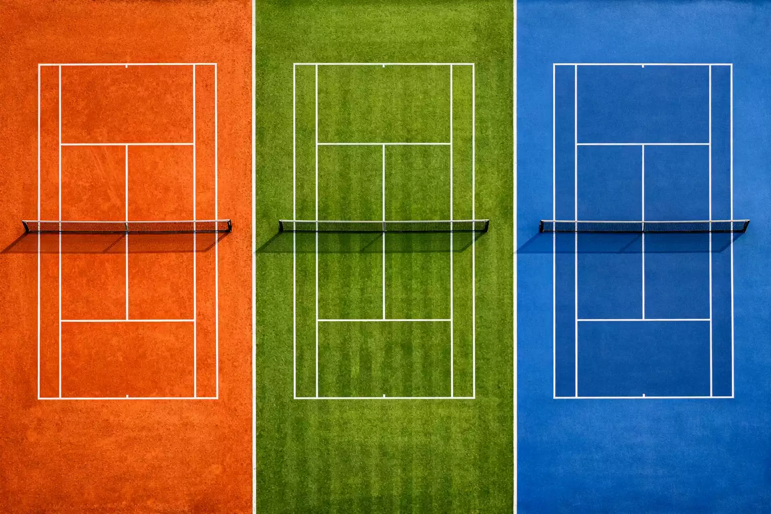Vue aérienne de trois courts de tennis avec différentes surfaces : terre battue, gazon et dur
