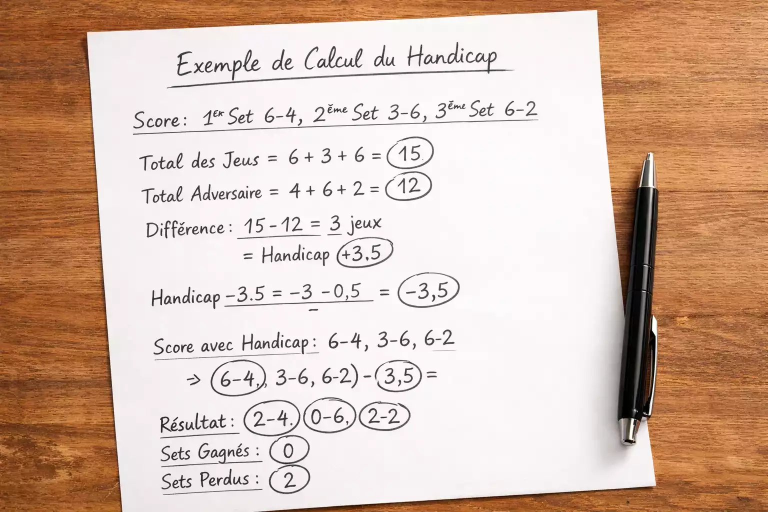 Feuille de papier avec calculs de scores et statistiques tennis