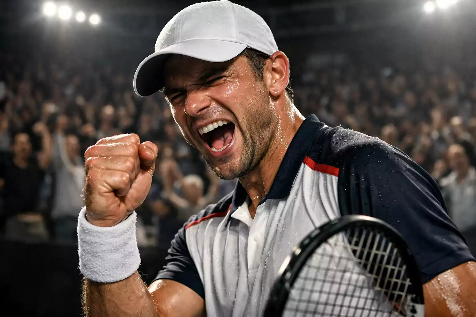 Joueur de tennis serrant le poing après avoir gagné un point crucial