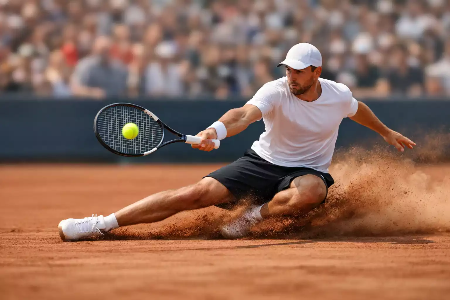 Joueur de tennis glissant sur terre battue pour atteindre la balle
