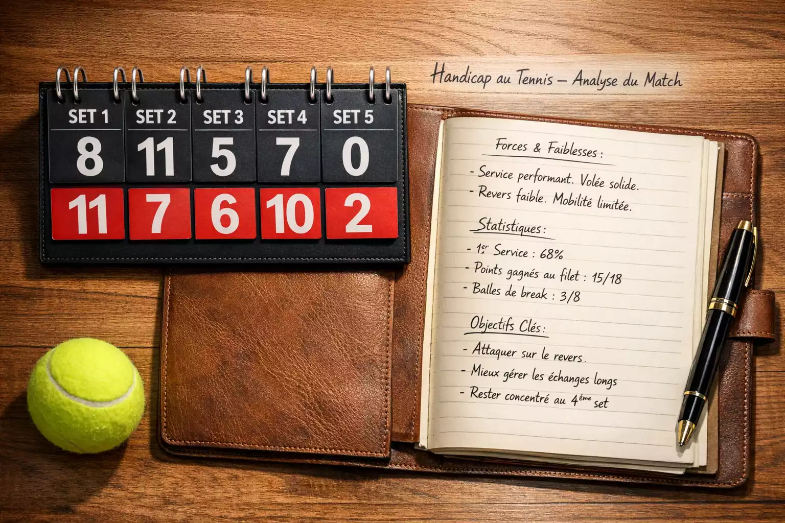 Tableau des scores de tennis avec stylo et carnet de notes