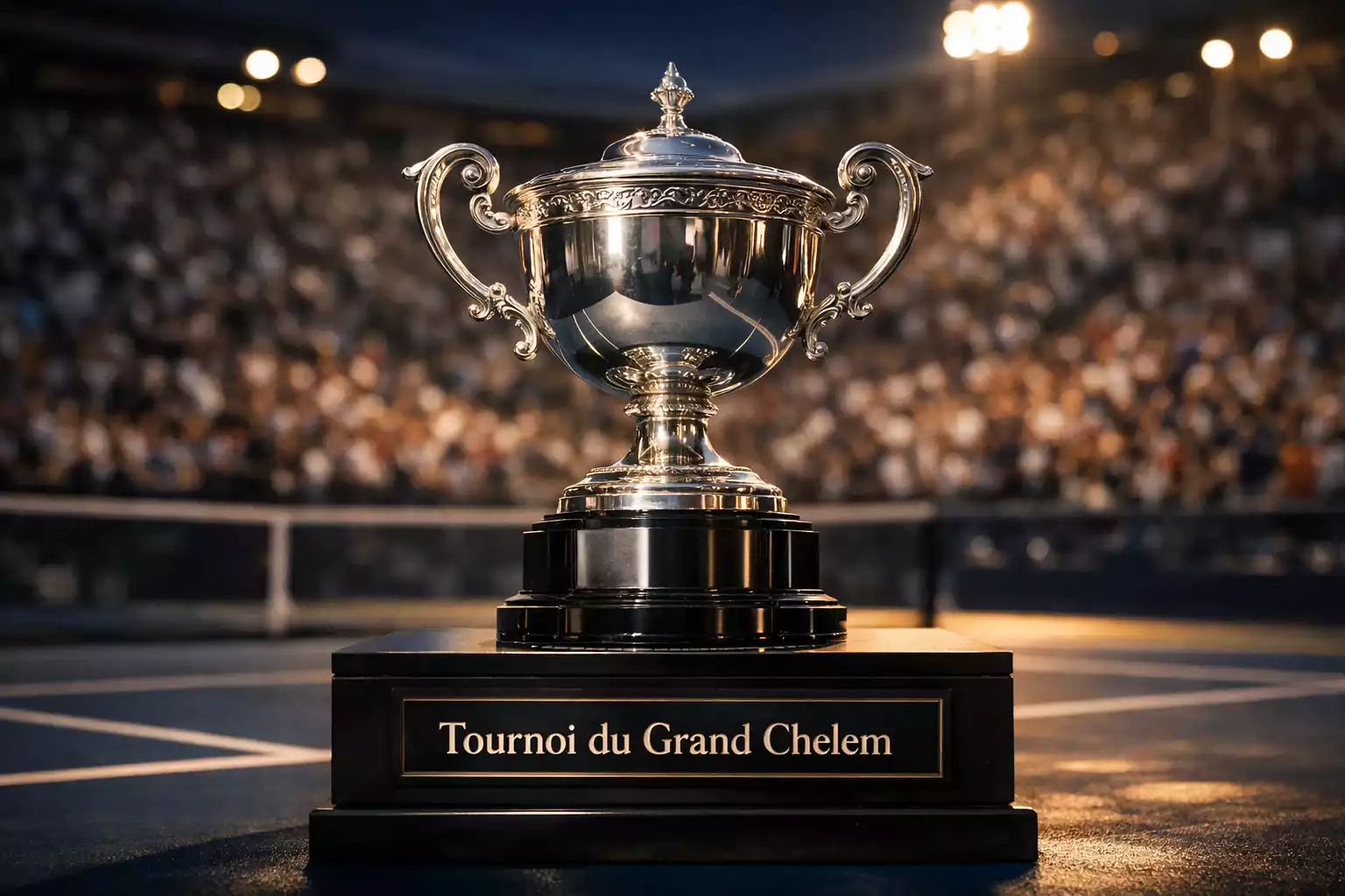 Trophée de tennis sur court central avec tribunes remplies