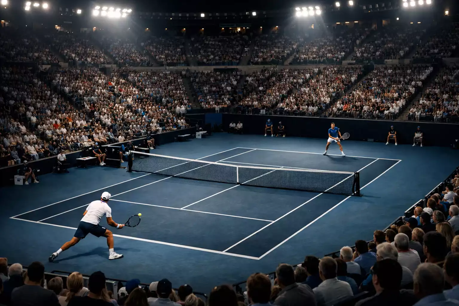 Match de tennis en cours avec spectateurs concentrés dans les tribunes