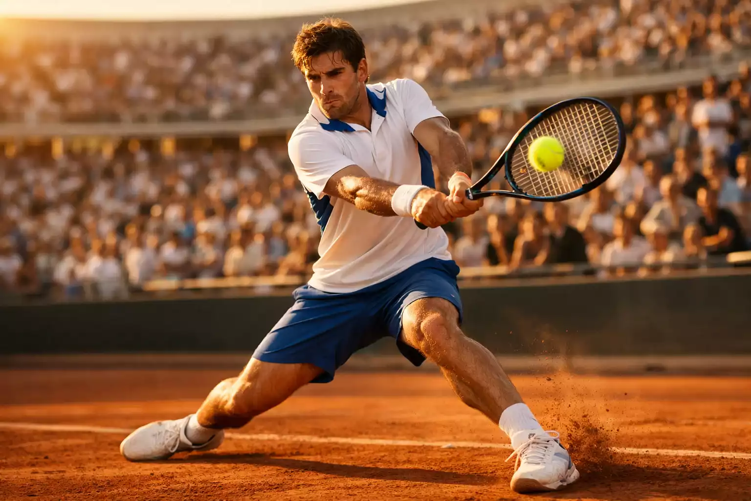 Joueur de tennis professionnel en action sur un court lors d'un match important