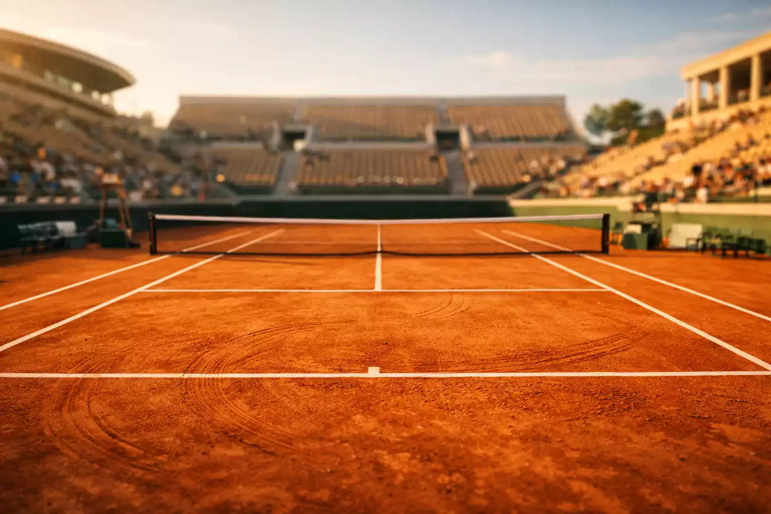 Court de tennis en terre battue avec traces de glissades