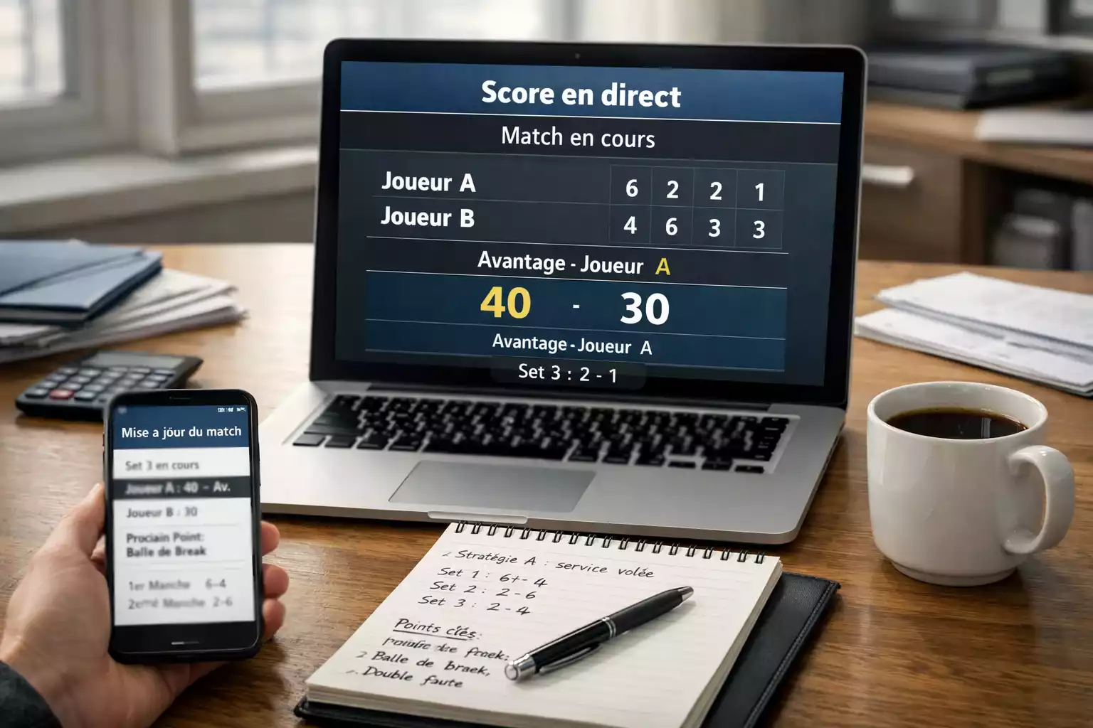 Bureau avec ordinateur et smartphone affichant des scores de tennis