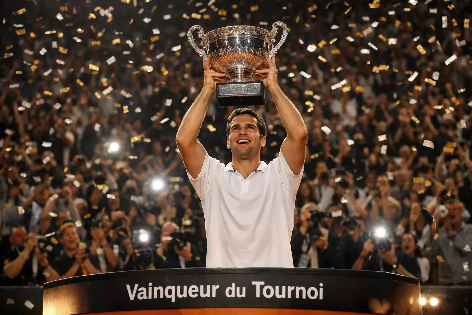 Champion de tennis soulevant un trophée de Grand Chelem
