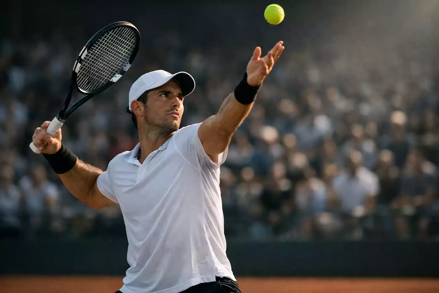 Joueur de tennis concentré au service sur court professionnel