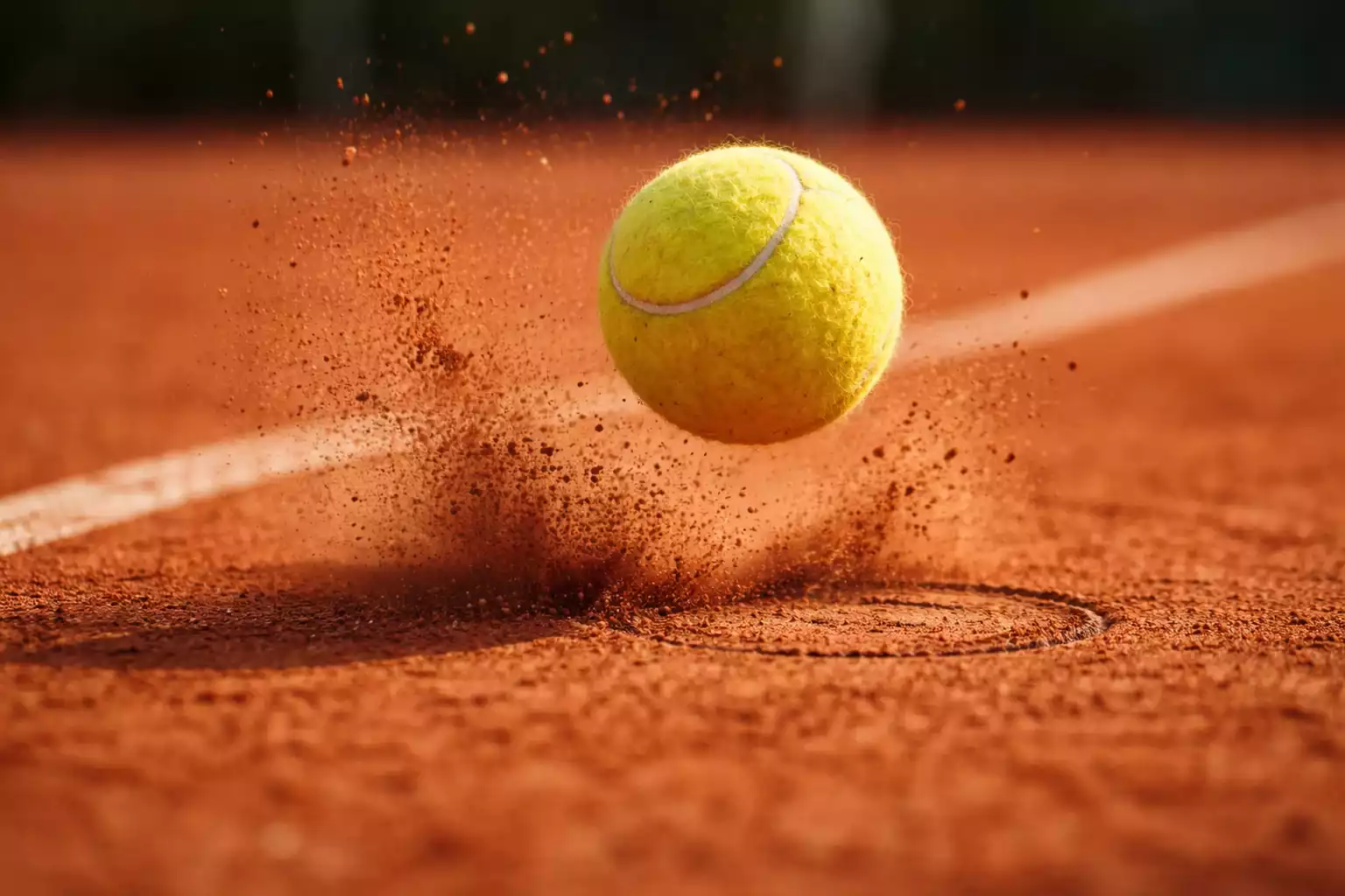 Balle de tennis rebondissant haut sur terre battue orange