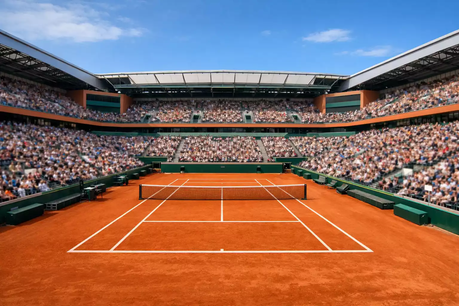 Vue panoramique du court Philippe-Chatrier à Roland Garros