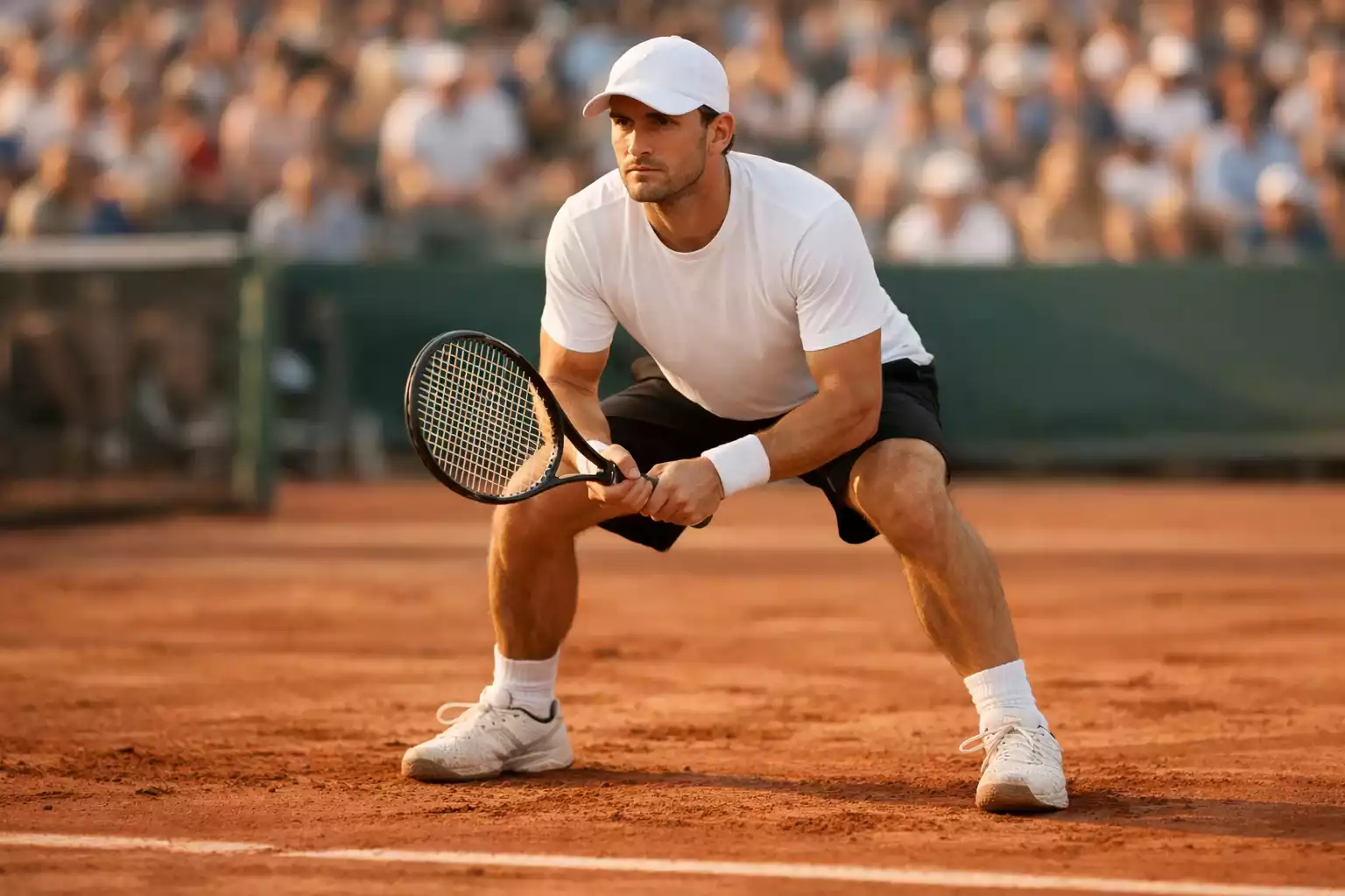 Joueur de tennis en position de défense sur court en terre battue