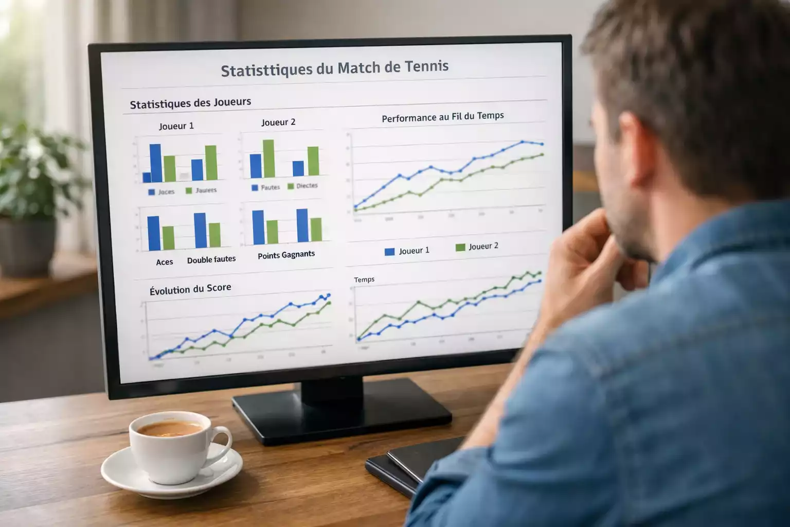 Personne analysant des statistiques de tennis sur un écran d'ordinateur avec graphiques de performance