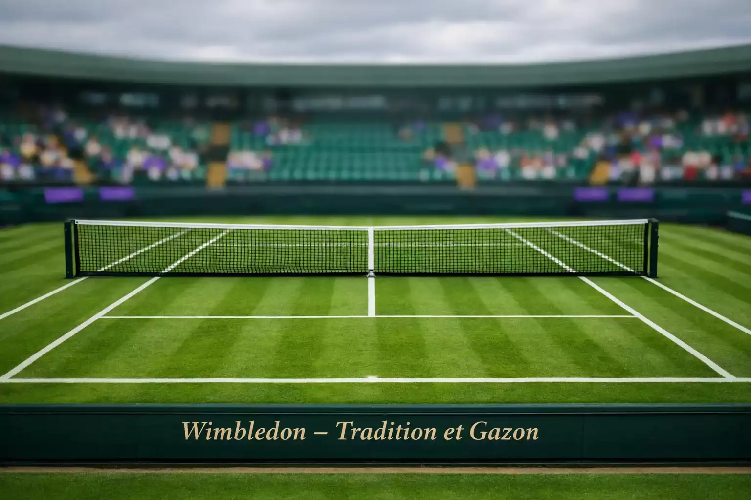Court de tennis sur gazon vert avec lignes blanches traditionnelles