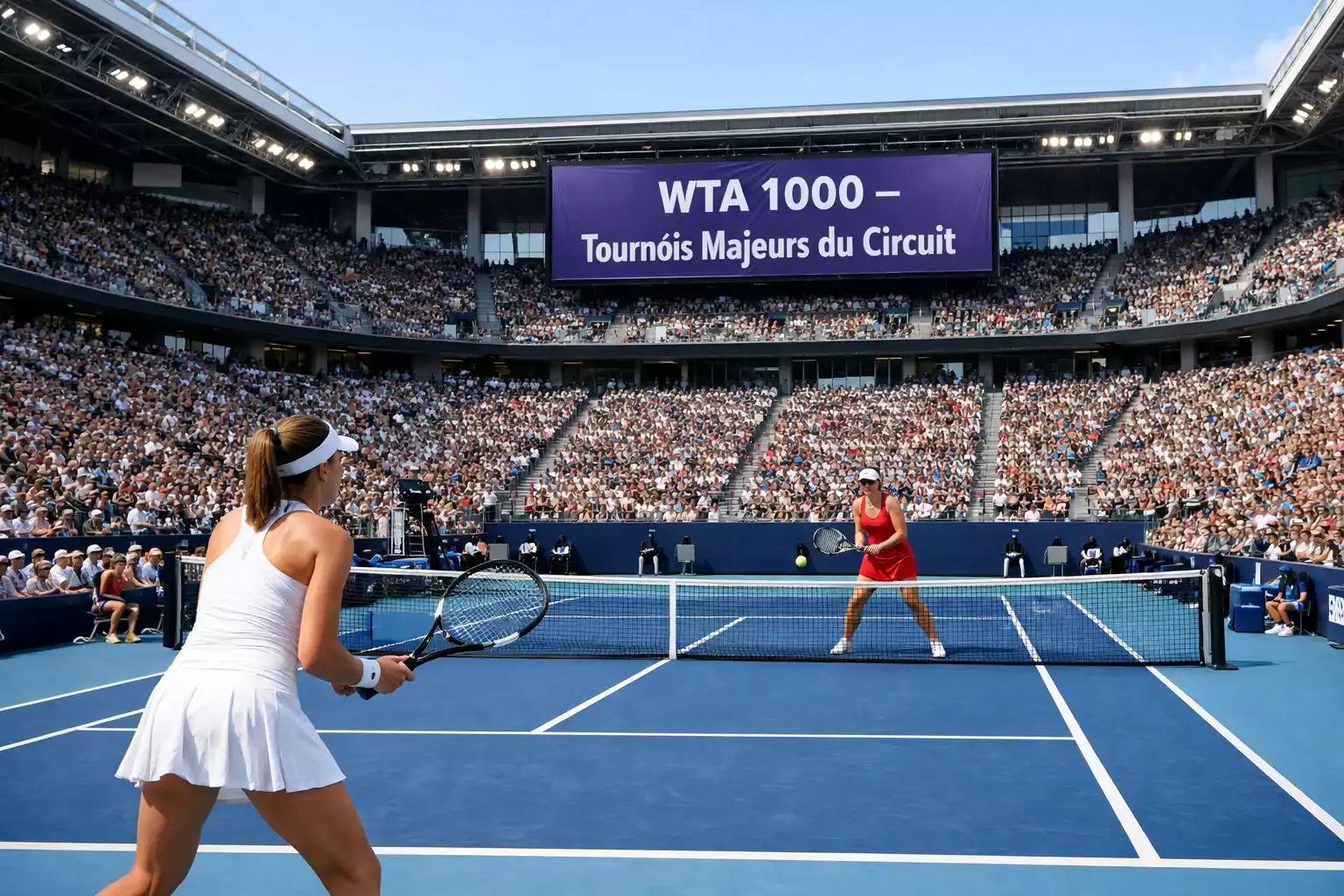 Stade de tennis rempli pendant un tournoi WTA 1000